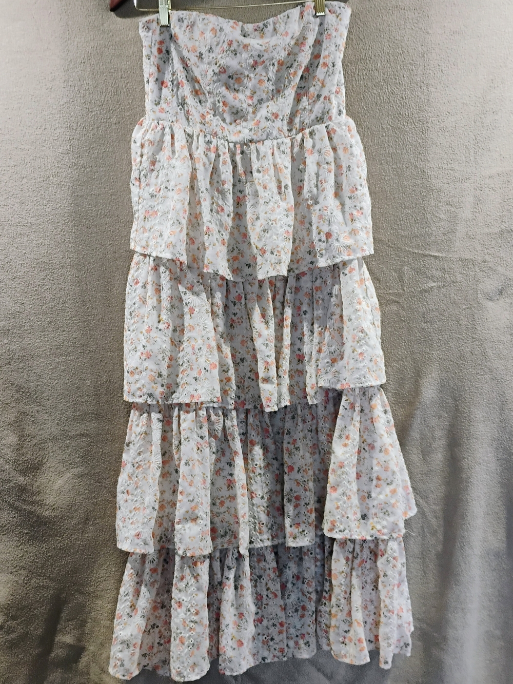 Altar'd State White Tiered Maxi Dress with Pink & Orange Floral Print
